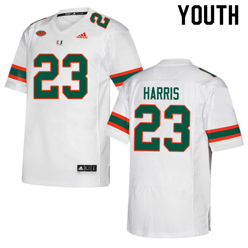 Adidas Miami Hurricanes Youth #23 Cam'Ron Harris College Football Jerseys Sale-White - Click Image to Close